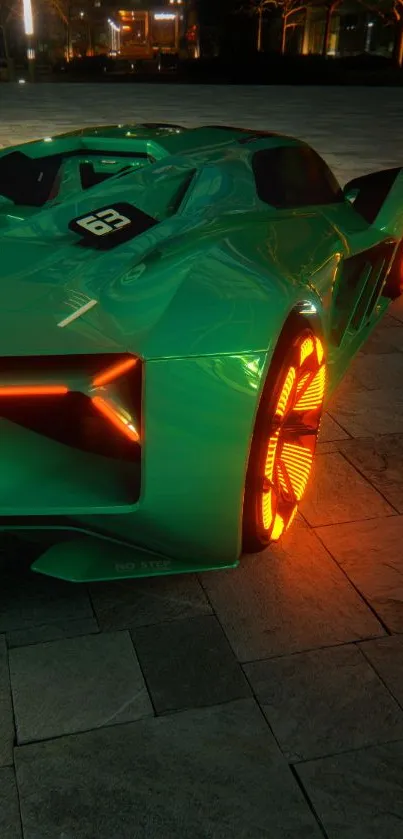 Futuristic green supercar with glowing orange lights at night.