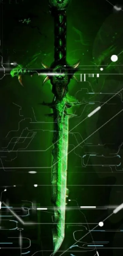 A futuristic green sword with digital elements on mobile wallpaper.