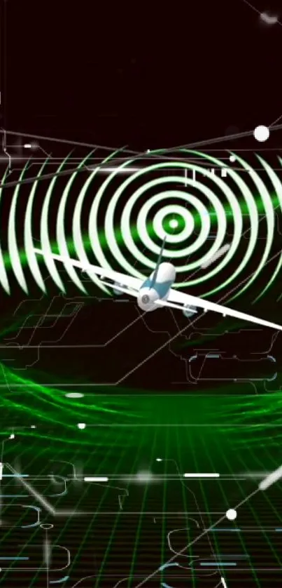 Futuristic plane flying through green digital waves.