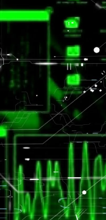 Futuristic wallpaper with a green tech interface and abstract graphics.