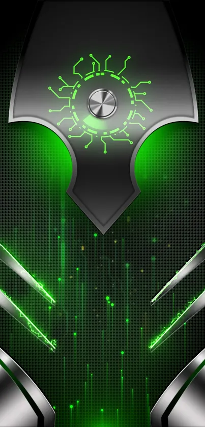 Futuristic green and metallic mobile wallpaper design.