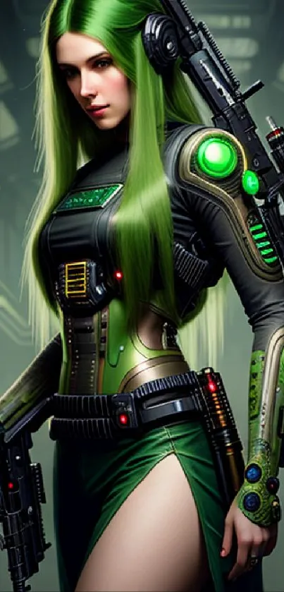 Futuristic green-haired female warrior with cyberpunk aesthetics on mobile wallpaper.