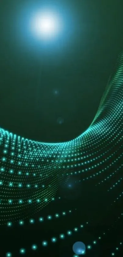 Futuristic green wave and glowing dots digital wallpaper.