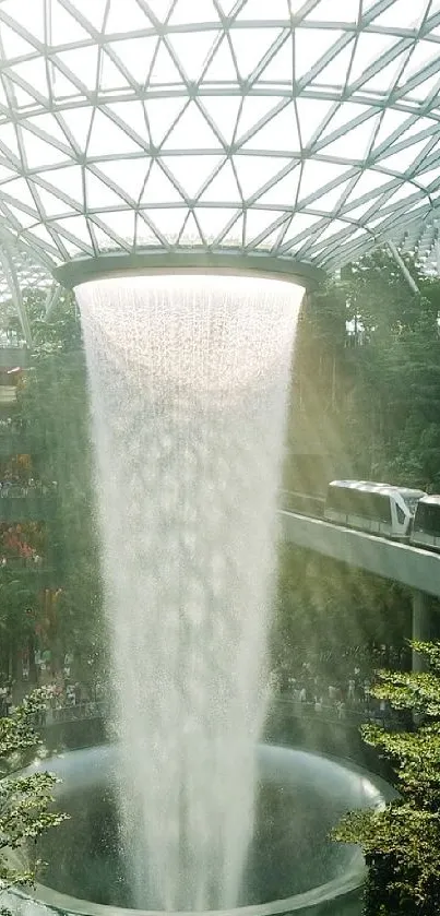 Futuristic waterfall surrounded by lush greenery in a dome structure.