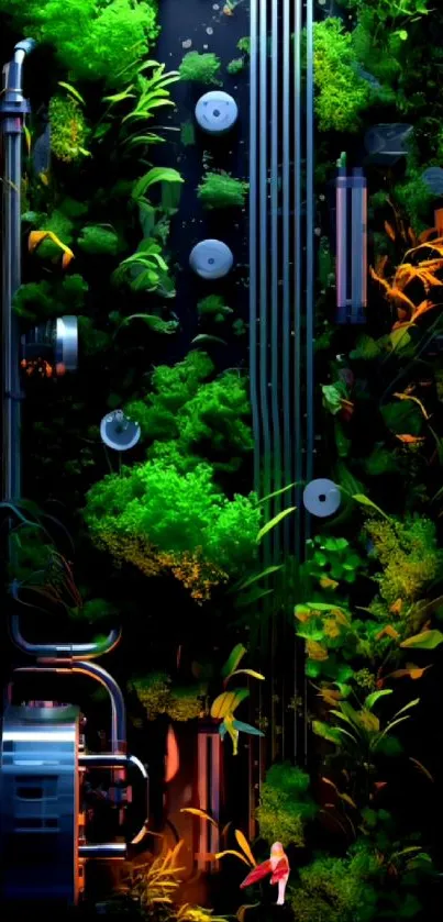 Futuristic wallpaper with tech elements and vibrant greenery.