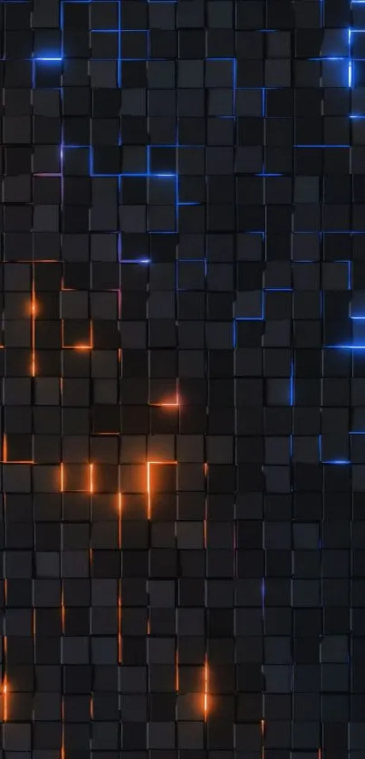 Futuristic grid pattern with blue and orange glowing lights.