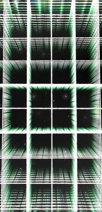 Futuristic geometric grid wallpaper with green highlights and a black background.