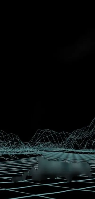 Futuristic dark teal grid wallpaper with wireframe landscape