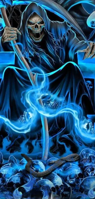 Grim Reaper on a throne with blue flames and skulls in a digital artwork.