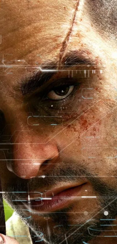 Gritty and futuristic male character with intense gaze in digital art wallpaper.