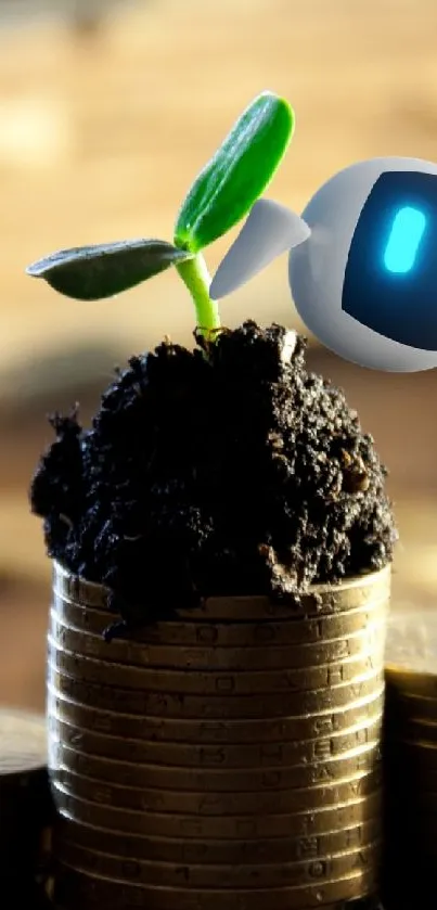 Robot and plant on coin stack, symbolizing futuristic growth.