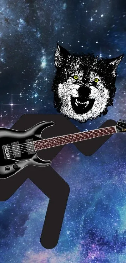 Wolf playing guitar in a cosmic galaxy background.