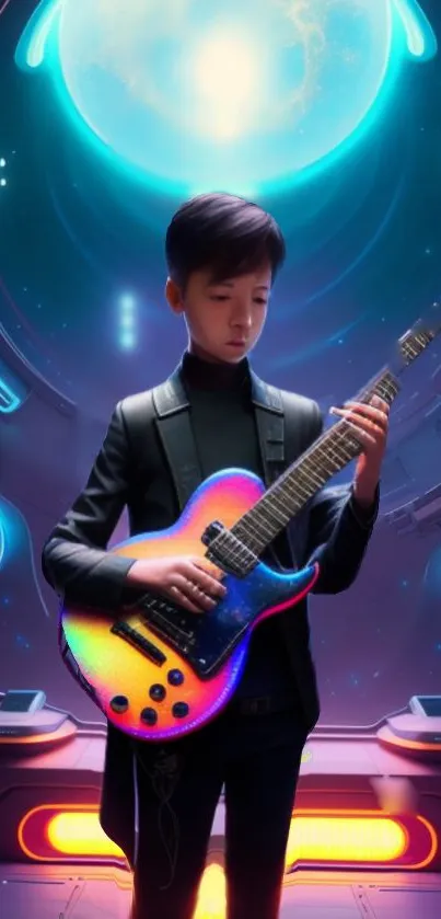 Futuristic young guitarist in neon-lit space scene, perfect for a vibrant phone wallpaper.