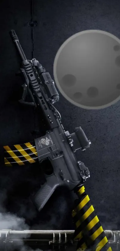 Futuristic gun with a moon background on a dark wallpaper.