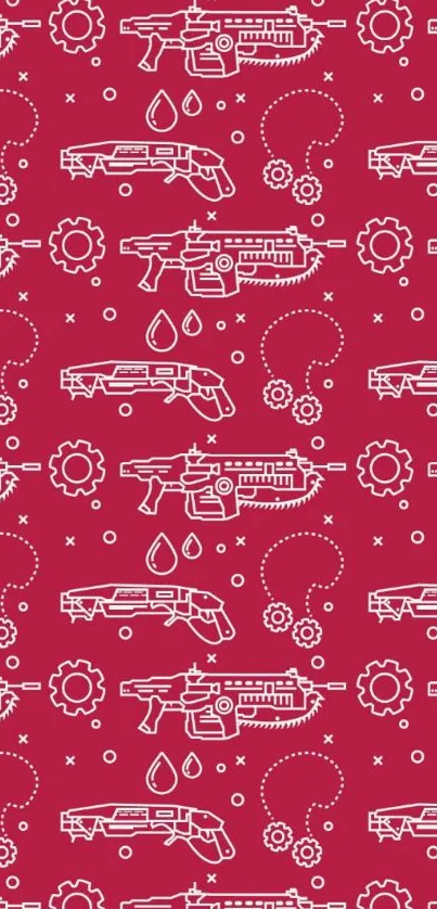 Futuristic guns pattern on red wallpaper.