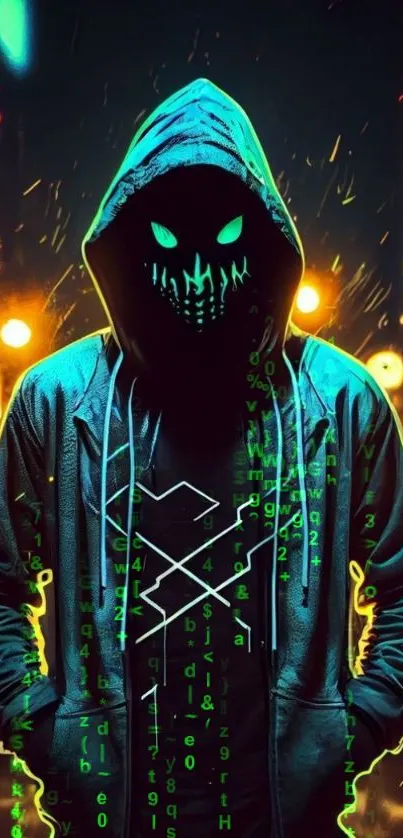 Hooded figure with glowing eyes and binary codes in a cyberpunk setting.