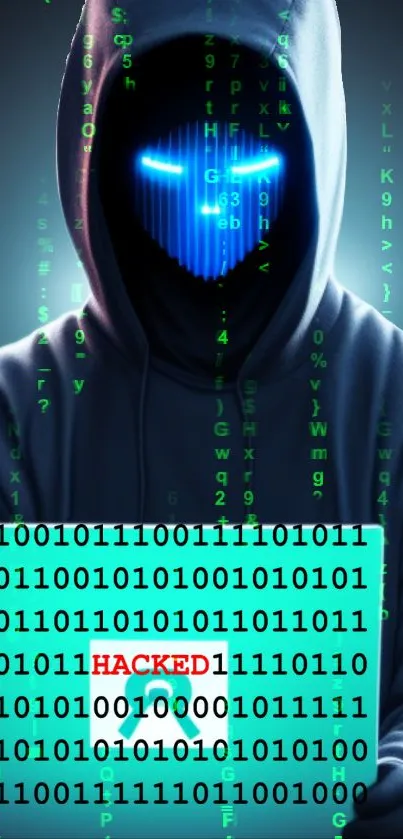 Hooded figure with blue digital face and glowing matrix code.