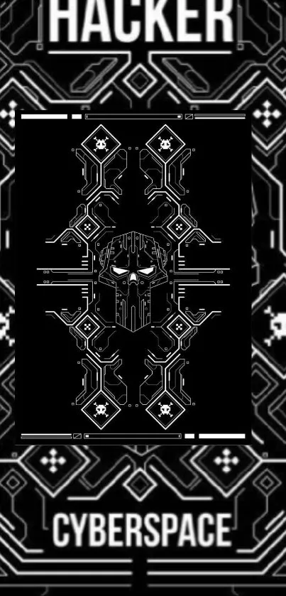 Futuristic black and white hacker-themed mobile wallpaper design.