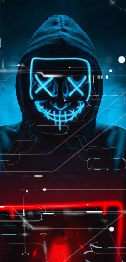 Person with a neon mask and hood in a digital background.