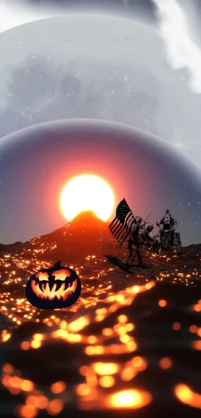 Futuristic Halloween wallpaper with glowing pumpkins and a surreal sunset.