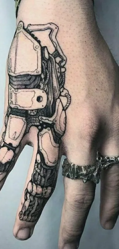 Futuristic hand tattoo with a robotic design.