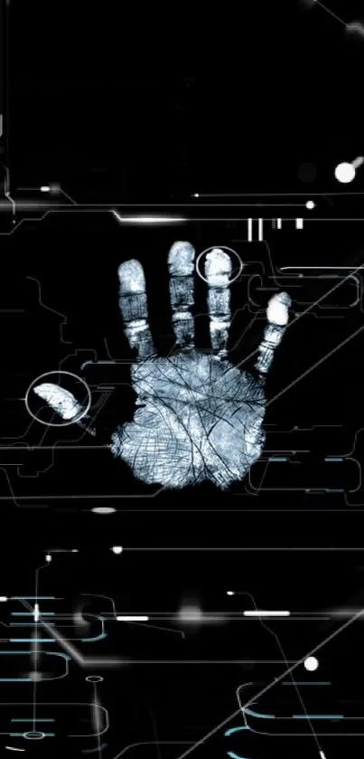 Futuristic handprint on digital black background wallpaper.