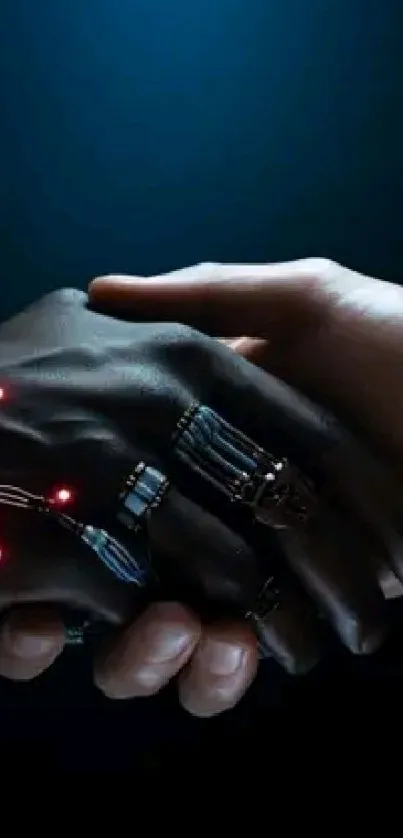 Futuristic cyber handshake with glowing lights on dark background.