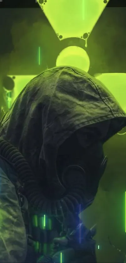 Hooded figure in a gasmask with neon green glow, sci-fi wallpaper.