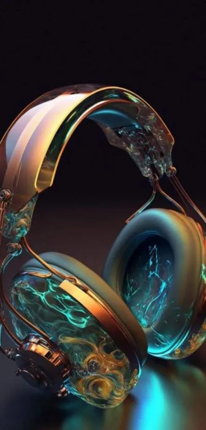 Futuristic glowing headphones with neon hues on a dark background.