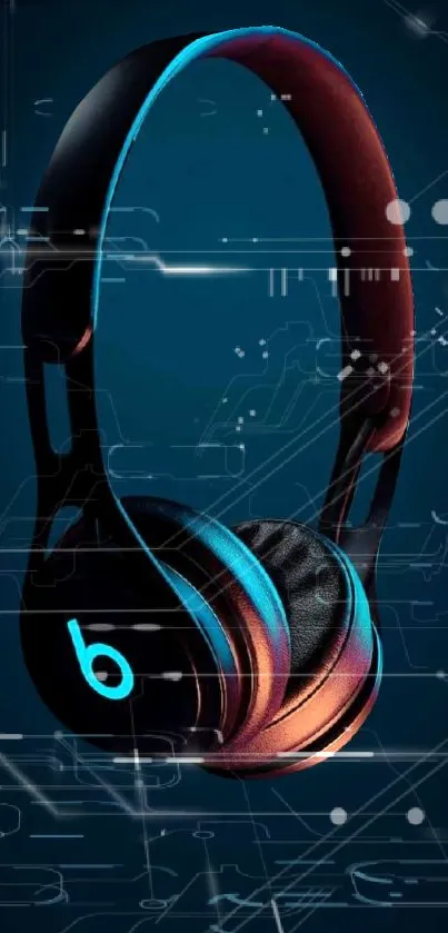 Futuristic headphones with neon accents on a dark cyan background.