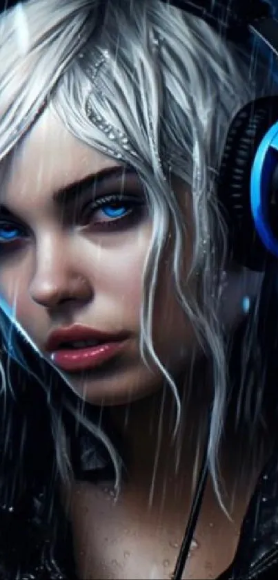 Futuristic girl with headphones in rain, glowing blue accents.