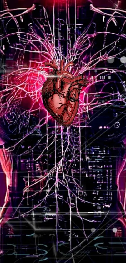 Futuristic neon heart anatomy art on a digital wallpaper.