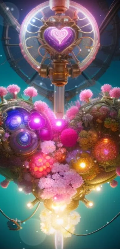 Futuristic steampunk heart with floral and glowing elements on a teal background.