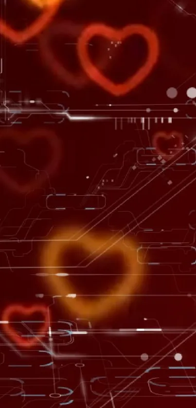 Futuristic circuit design with glowing hearts on a red background.