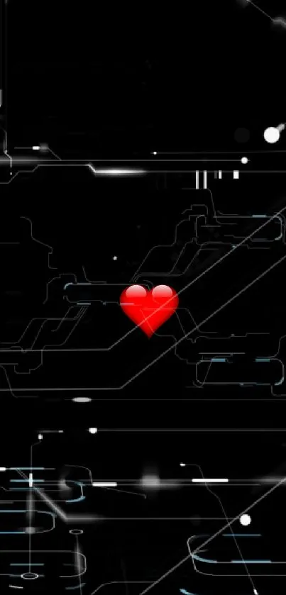 Futuristic wallpaper with red heart and circuit design.