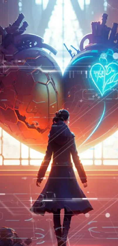Futuristic heart glowing in blue with a central figure.