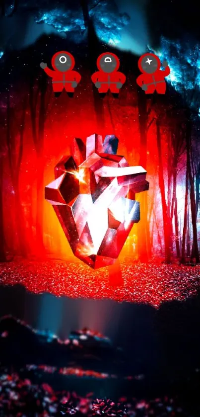 Futuristic red heart glowing in a mystical forest with surreal elements.