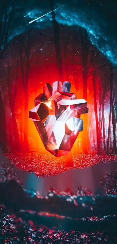 Futuristic heart in a cosmic forest with vibrant red and blue tones.