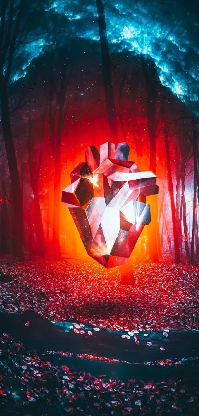 Futuristic heart floating in a vibrant forest scene with red and blue hues.