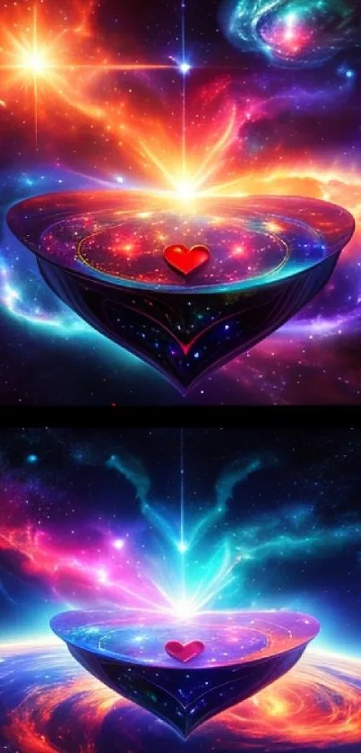 Futuristic cosmic heart with galaxy colors and stars on mobile wallpaper.