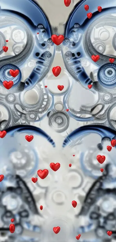 Futuristic wallpaper with gears and red hearts on a silver background.