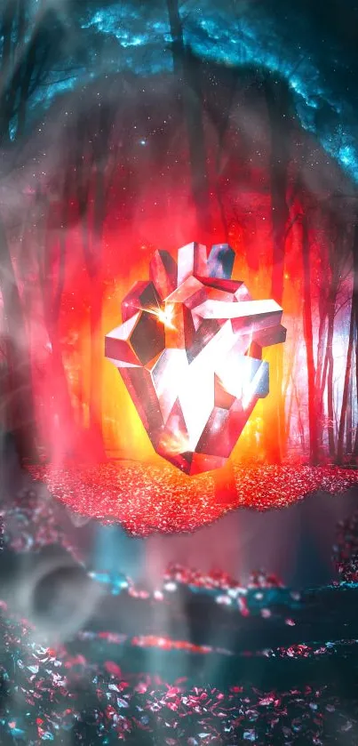 A futuristic heart in a glowing enchanted forest with vibrant red and blue colors.