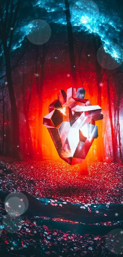 Futuristic heart floats in an enchanted, neon-lit forest with cosmic background.