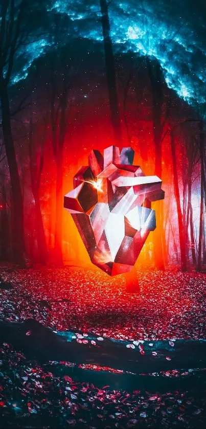 Futuristic geometric heart glowing in a cosmic enchanted forest.