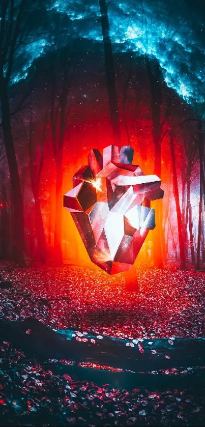 Geometric heart glowing in a mystical forest with vibrant red and blue tones.