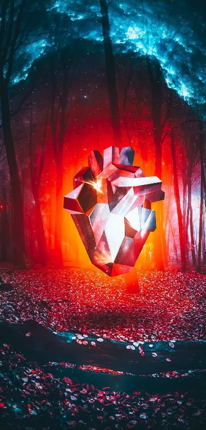 Vibrant futuristic heart in mystical forest with surreal colors.