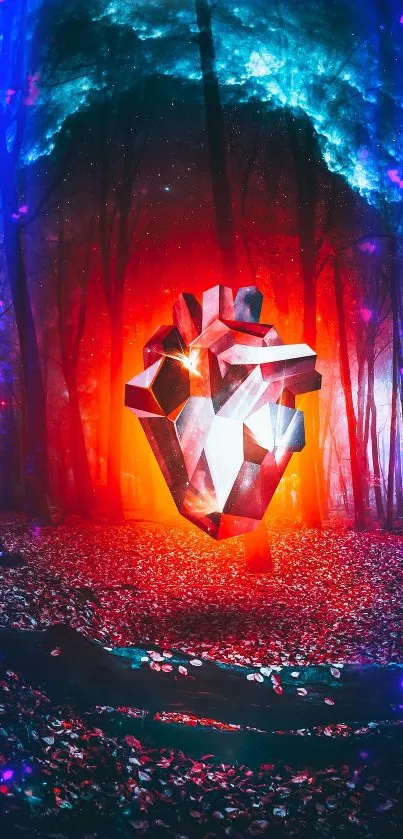 Futuristic heart glowing in a mystical forest with vibrant red and blue colors.