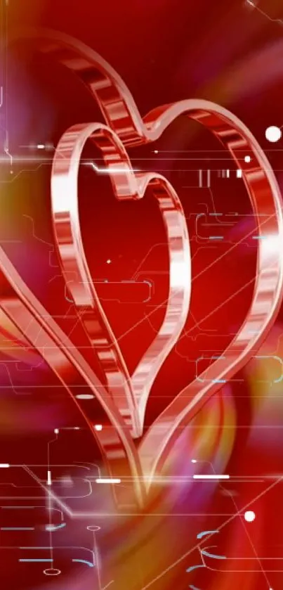 Futuristic heart design with red background.