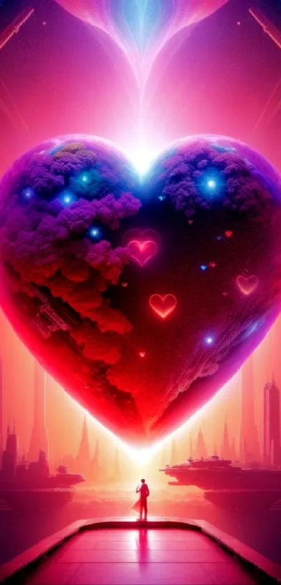 Futuristic neon heart glows in a sci-fi setting with a vibrant pink hue.
