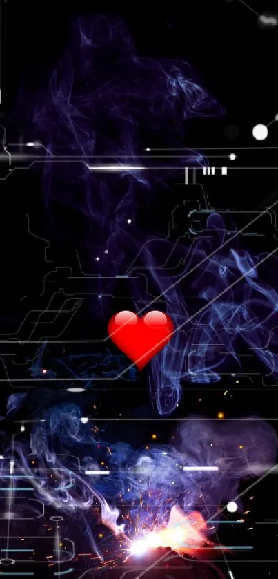 Futuristic heart design on a black digital abstract wallpaper.